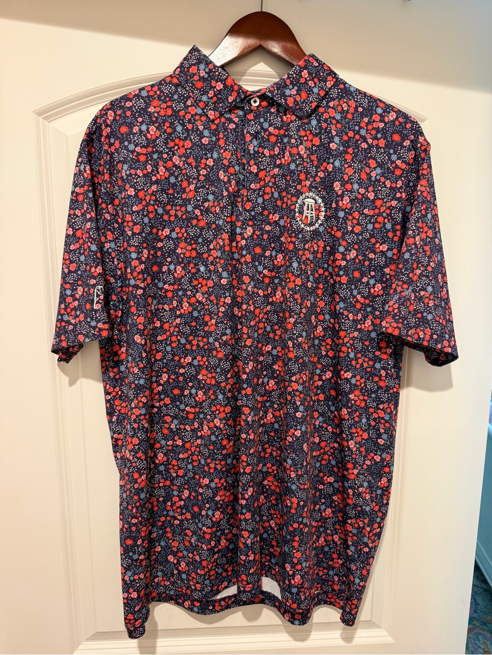 Barstool Rhoback Navy Polo with Red Floral Print and Branded Chest Emblem